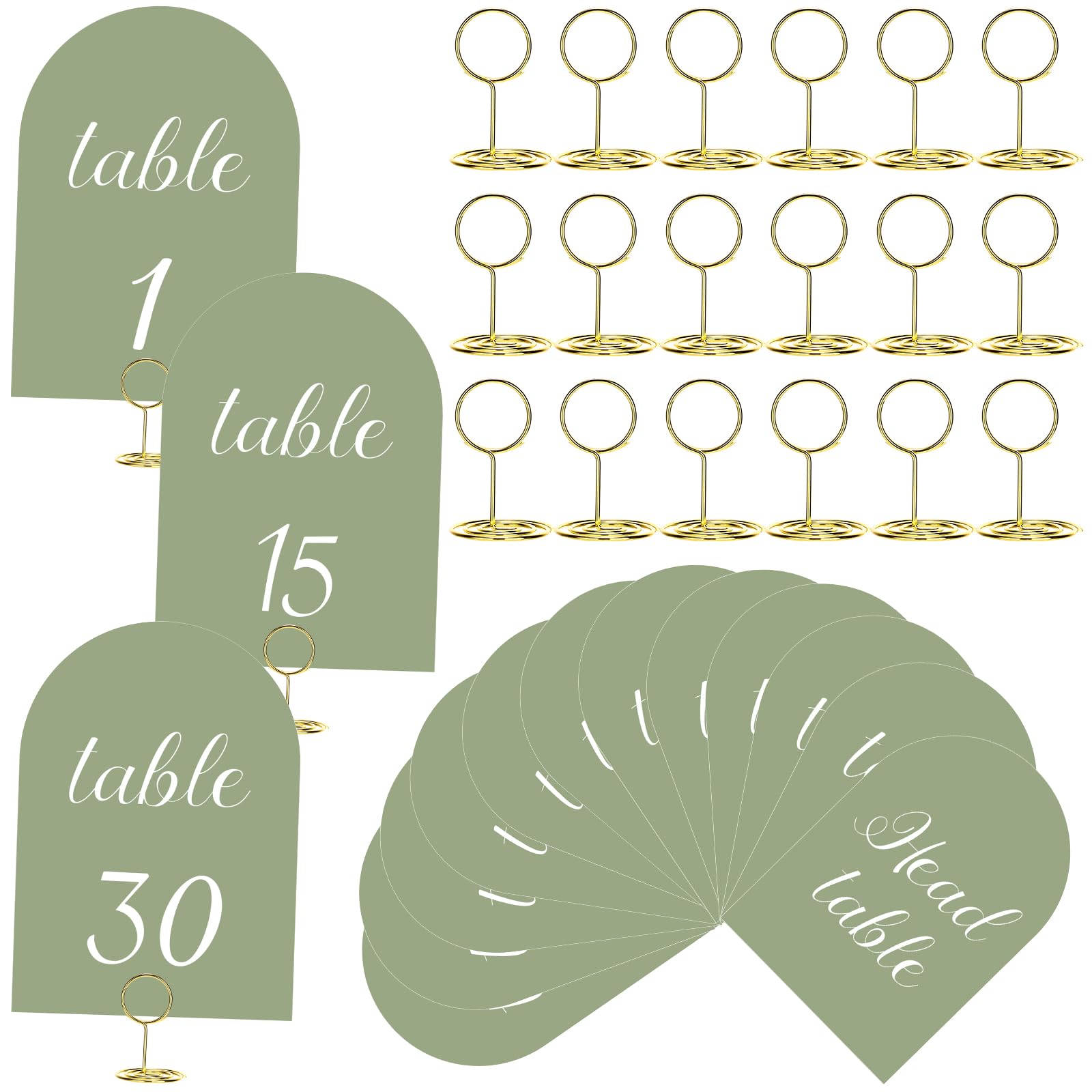 Photo 1 of CroBlissful Green and White Table Numbers 1-30 with Head Table Number Card and Holders, 5 x 7 Inch Arched Place Seating Sign Double Sided for Wedding Reception Anniversary Birthday Party Restaurant