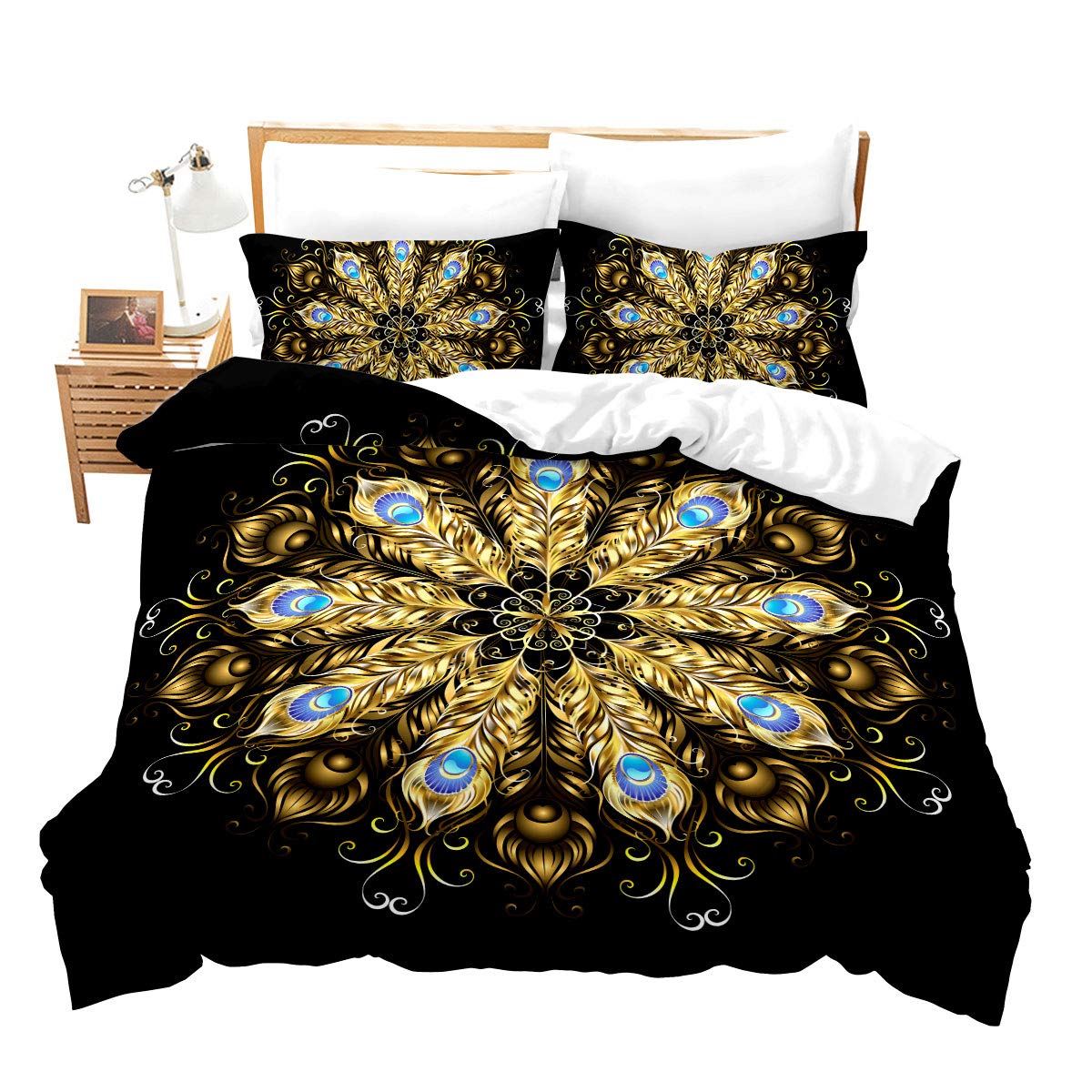 Loussiesd Mandala Bedding Set Bohemian Mandala Pattern Comforter Cover Set Decorative Boho Exotic Peacock Feather Duvet Cover Single Floral Home Bedroom Quilt Cover for Girls Black Gloden