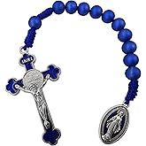 TALISMAN4U Saint Benedict One Decade Pocket Rosary Virgin Mary Medal 8mm Deep Blue Prayer Beads Open Style Tenner Rosaries Handmade Catholic Gift for Women Men Organza Rosary Pouch