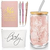 Funnymoom 6 Pcs Valentines Boss Gifts for Women Best Boss Gifts Appreciation, 17 oz Aesthetic Boho Flower Glass Cup Lady Makeup Bag A6 Notepad Ballpoint Pens for Female Leader Manager Valentines Favor
