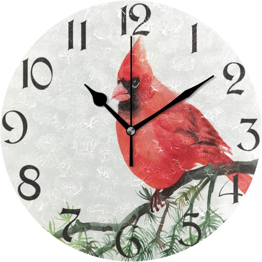 Watercolor Cardinal Bird Wall Clock Winter Animal Non Ticking Silent Desk Round