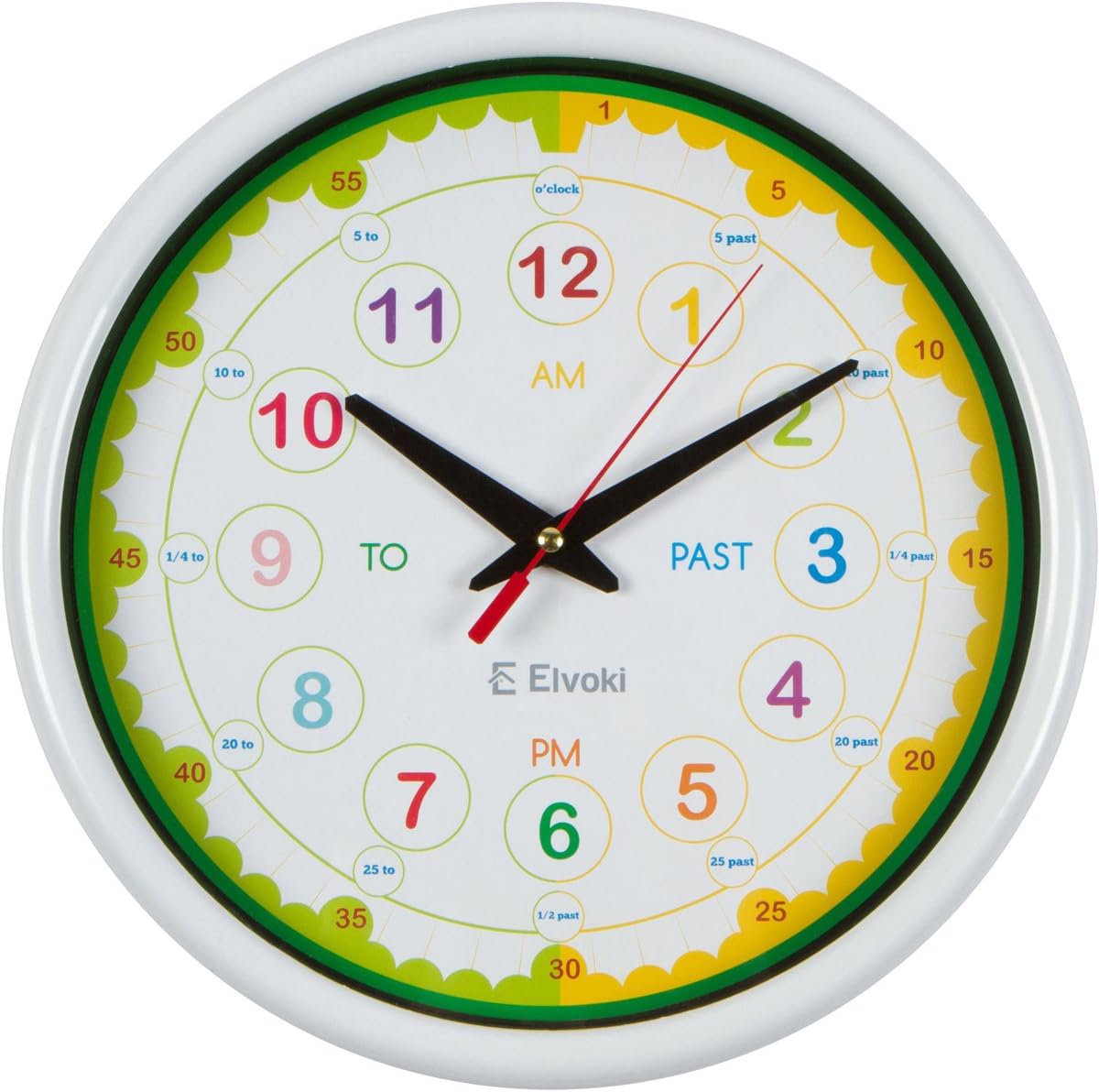 Elvoki Time Telling Teacher Children's Wall Clock - Silent Non-Ticking – Learn to Tell Time Large 12.5 inch, White