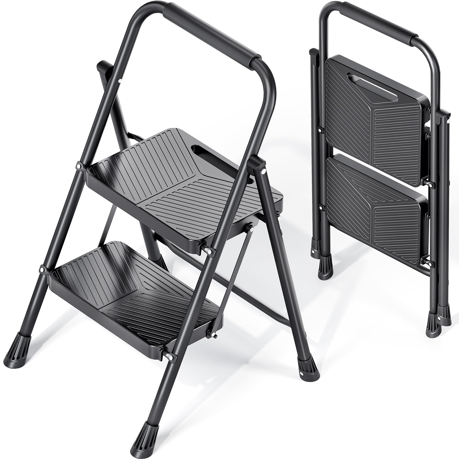 Photo 1 of KINGRACK 2 Step Ladder, Folding Step Stool with Safe-Lock Design, 500 lbs Sturdy Steel Ladder with Wide Anti-Slip Pedal, Convenient Handrail for Household and Kitchen, Black