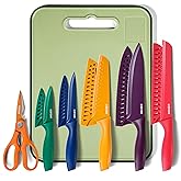 CAROTE Knife Set, 12 Pieces Kitchen Knives with 5 Blade Guards & Kitchen Shears & Non-Slip Cutting Board, 5 Stainless Steel Knife, Dishwasher Safe, Ceramic Surface