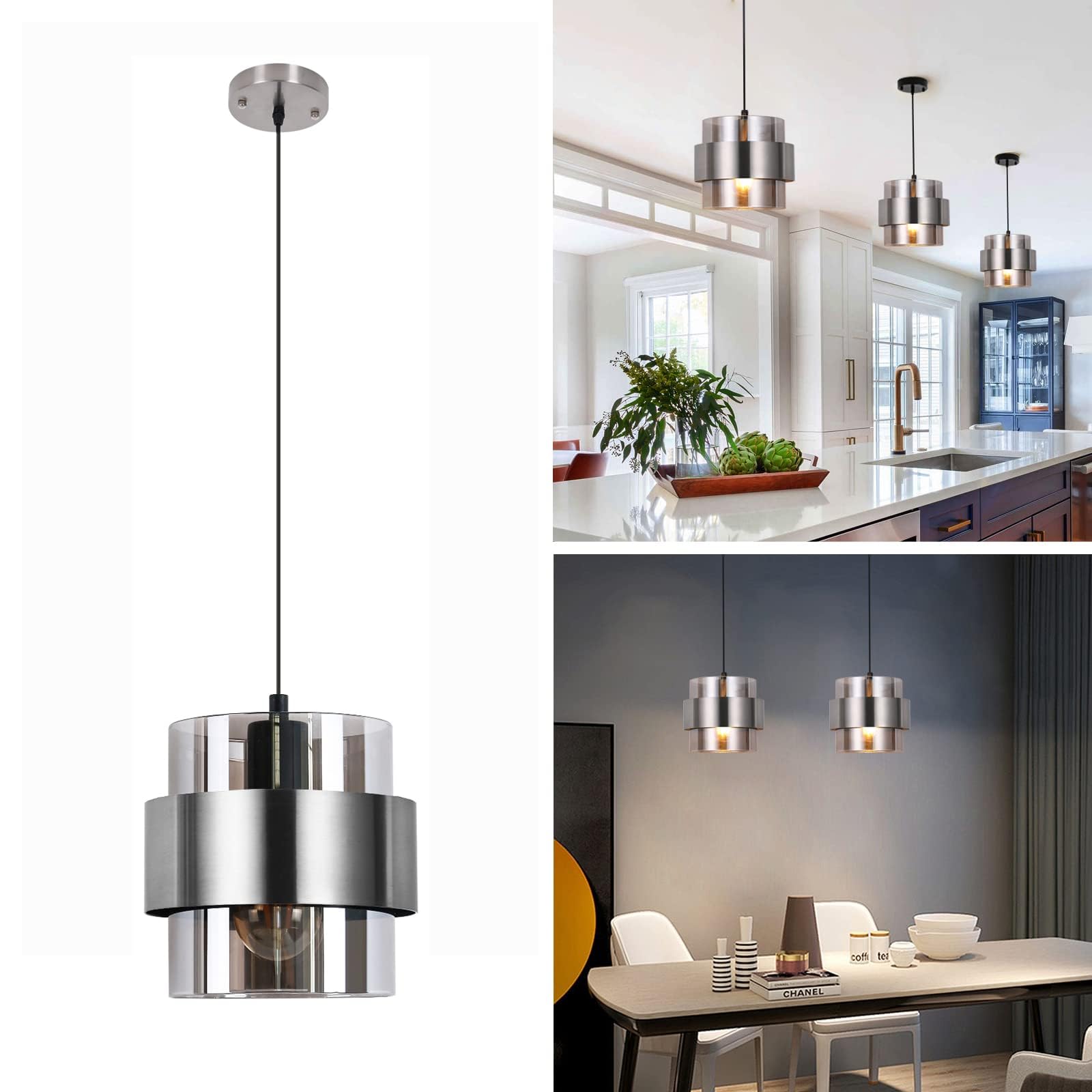 Photo 1 of IkirourI Pendant Lights Kitchen Island Lighting,7 Inch Adjustable Mini Glass Haning Lights for Entrance Aisle Decorative Lighting Fixture for Dining and Bar Table (Brushed Nickel)