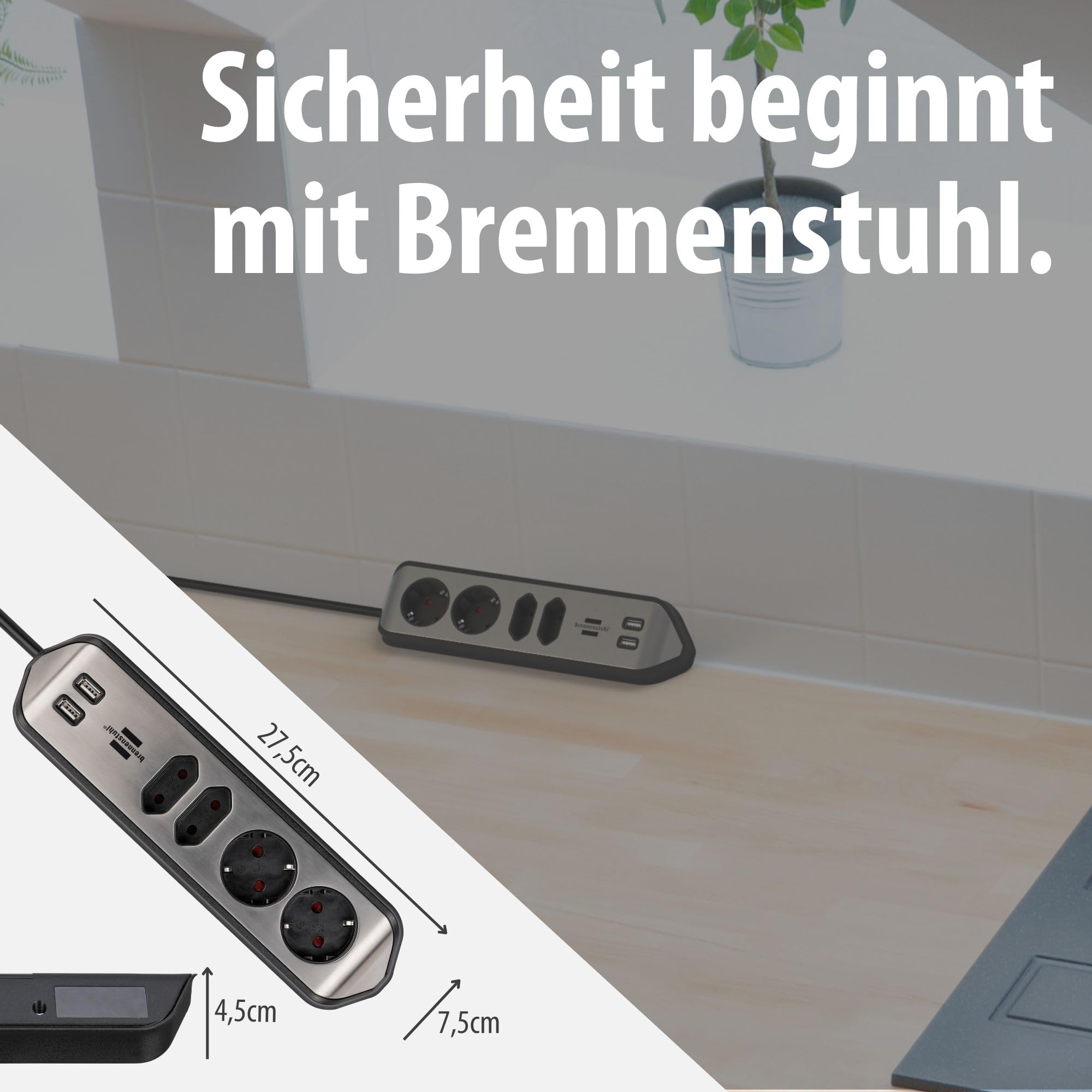 Brennenstuhl Estilo Ecksteckdosenleiste 4-Fach (Tischsteckdose mit Edelstahloberfläche für Küche und Büro, mit 2X Schutzkontakt-Steckdosen, 2X Euro-Steckdosen, inkl. USB-Ladefunktion) Silber/schwarz 7