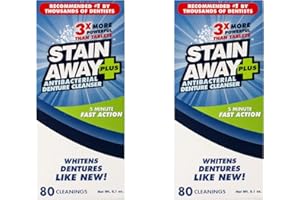 STAIN-AWAY Stain Away Plus Antibacterial Denture Cleanser, 3X More Powerful Than Tablets, Whitens Dentures Like New, 5 Minute Fast Action, Clean Mint Taste, 80 Cleanings, 8.1 oz (Pack of 2)