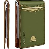 RUNBOX Slim Money Clip Wallets for Men RFID Blocking 8 Card Holder Minimalist Small Thin Carbon Leather Bifold Mens Front Pocket Wallet Gift Box(Green Contrast Orange)