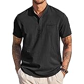 COOFANDY Linen Shirts for Men Summer Hawaiian Shirt Short Sleeve Henley Shirt Collarless Linen Beach Shirt Casual Mens T-Shirt Black