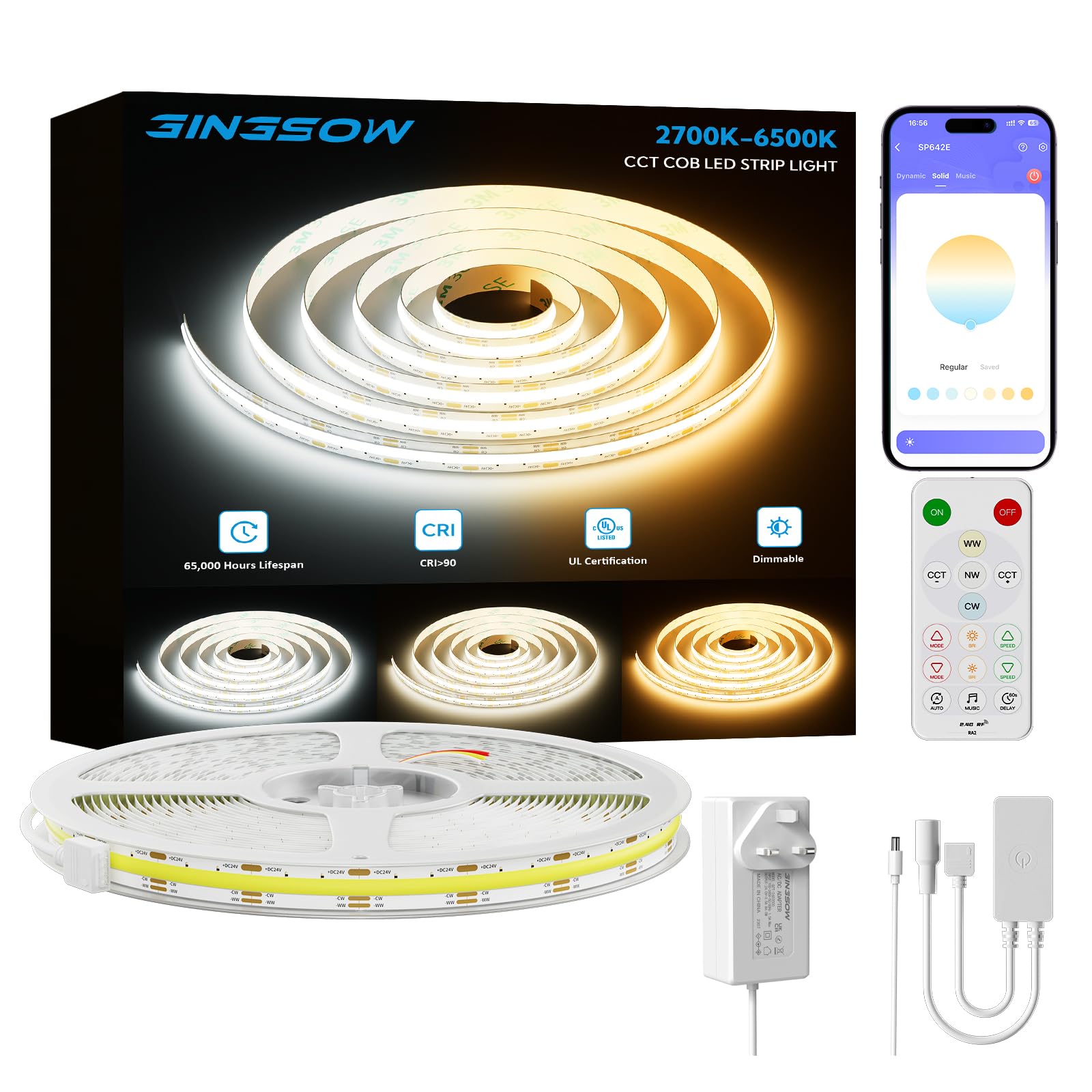 Gingsow COB LED Strip White CCT Tunable 10m Kit, 6400LEDs CRI93 Dimmable 2700K-6500K 24V LED Tape Lights Kit with APP Control/Music Mode for Under Cabinet Bedroom Kitchen TV Mirror DIY Lighting
