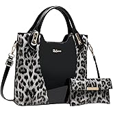 YUNZLAN Fashion Glossy Leopard Print Tote for Women with Purse Leather Handbags for Women with Zipper