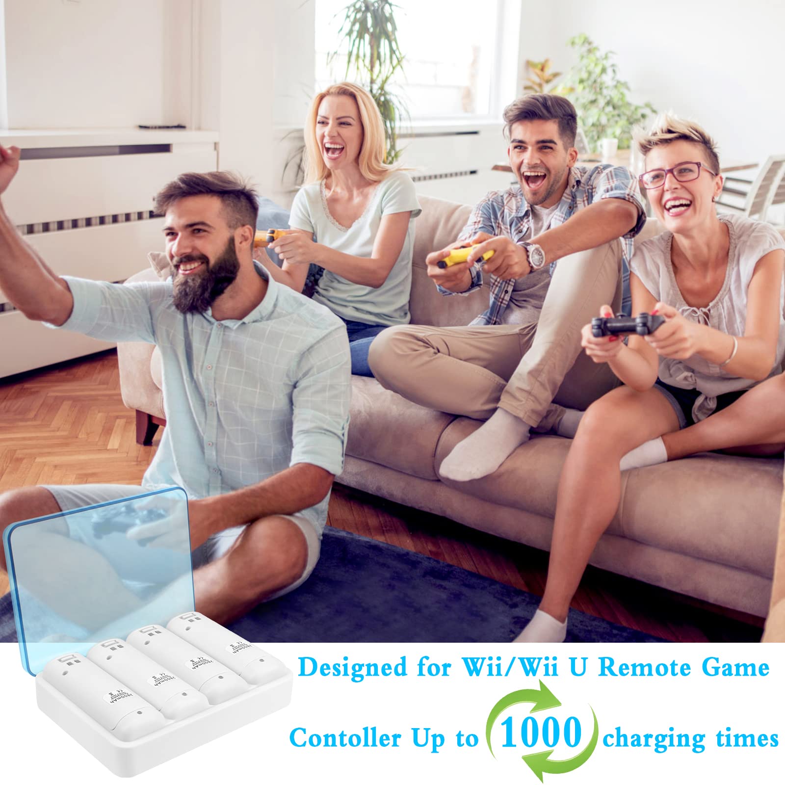 4-in-1 Charging Station for Wii U Remote Controller, 4 Pcs Rechargeable 2800 mAh Battery Packs with USB Cable Compatible for Wii U Remote Game Controller (White)