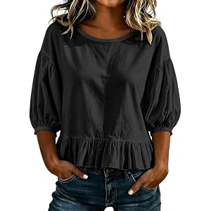 Dovidovi Women's Puff Sleeve Babydoll Blouses Casual Loose Fit Tiered Ruffle Summer Tops A-Line Pleated Short Sleeve Shirts
