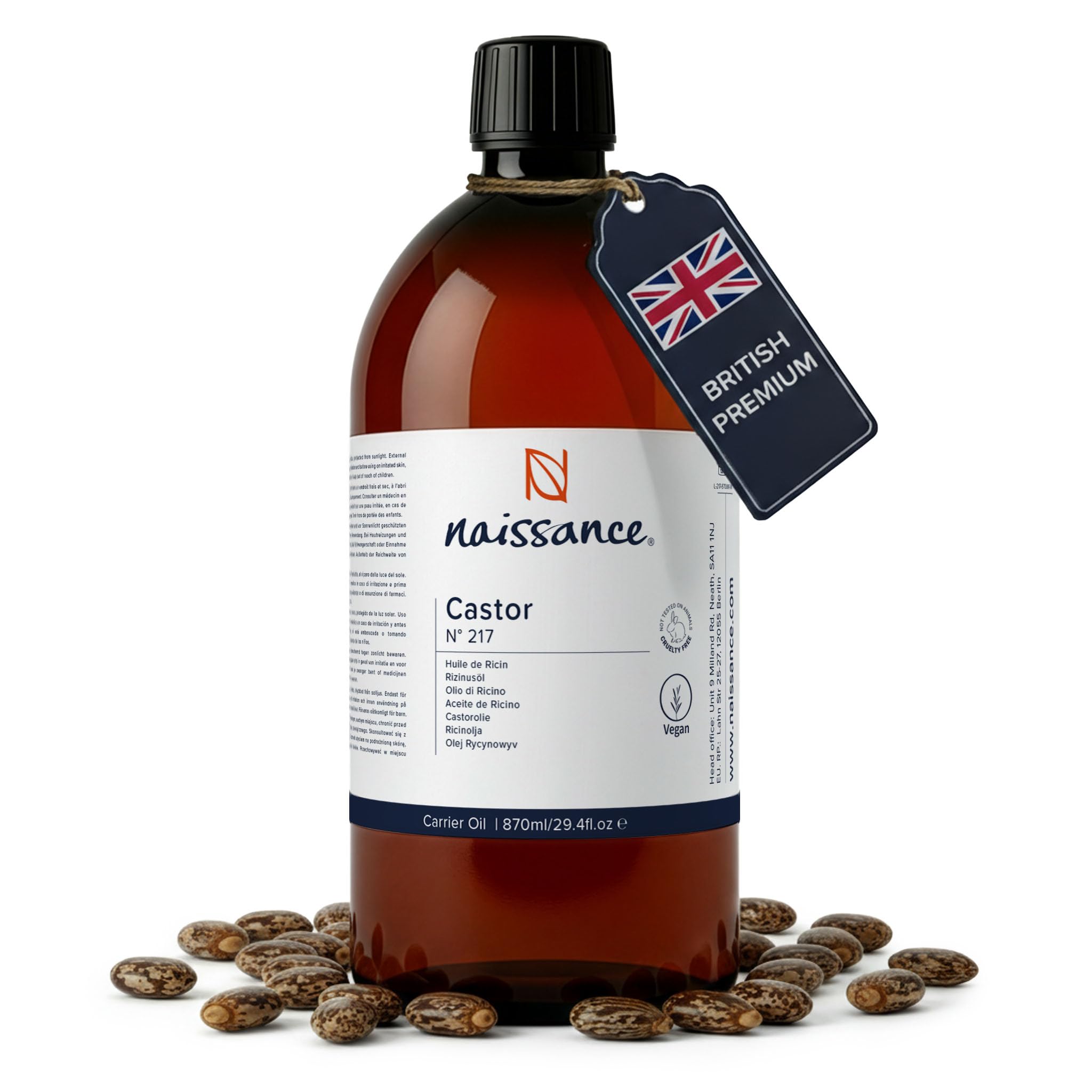 Naissance Cold Pressed Castor Oil (no. 217) - 870ml - for Eyelashes, Eyebrows, Beard, Hair Growth, Nails, Skin, Hexane Free