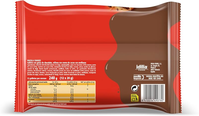 , Cookies, Original, Galletas con gota de chocolate rellenas con crema de cacao con avellanas - Pack de 12 unidades - 240g