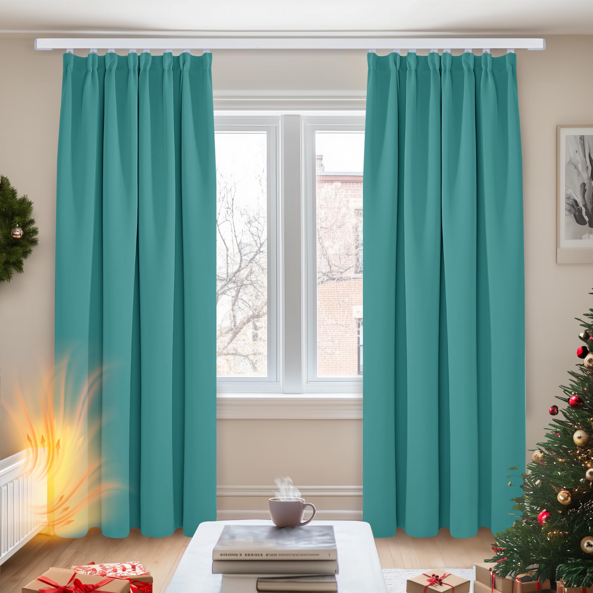 Deconovo Pencil Pleat Curtains Energy Saving and Noise Reducing Thermal Insulated Curtains Blackout Curtains for Bedroom W55 x L95 Inch 2 Panels Turquoise