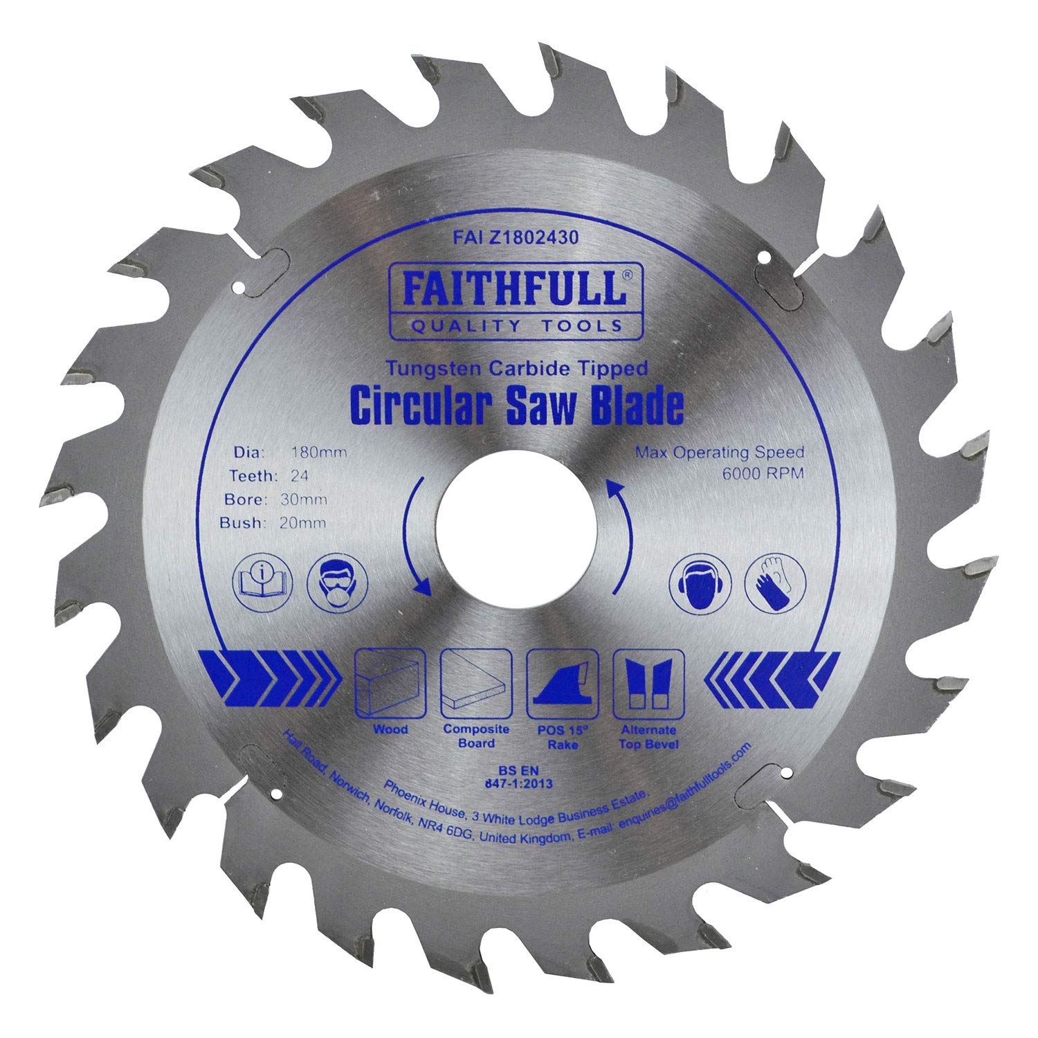 Faithfull FAIZ1802430 TCT Circular Saw Blade 180 mm x 30 mm Bore x 24 Teeth