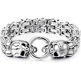 COOLSTEELANDBEYOND Mens Stainless Steel Two-strand Braided Byzantine Chain Bracelet with Skulls and Spring Ring Clasp