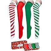 Christmas Thigh High Socks - Halloween Striped Knee High Socks for Women & Teen Girls 4 Pack