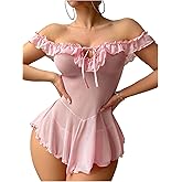 SOLY HUX Women's Lingerie Set Mesh Sheer Ruffle Babydoll Nightgown Off the Shoulder Chemise Nightwear with Thong