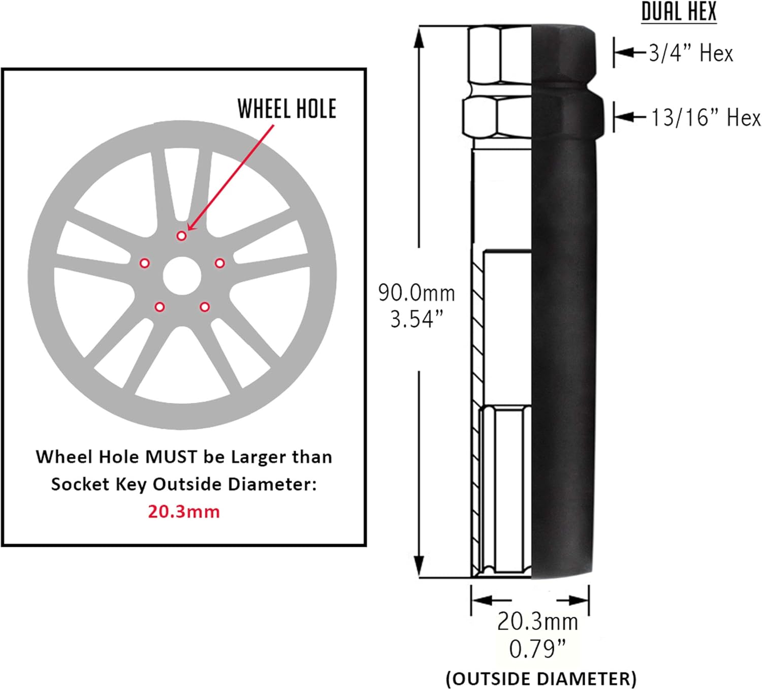 Wheel Accessories Parts 6 Point Spline Drive Tuner Socket Key Tool for 6 Spline Lug Nut. 16.2mm Inner Diameter- Dual Hex Key with 19mm (3/4) and 21mm (13/16): Automotive