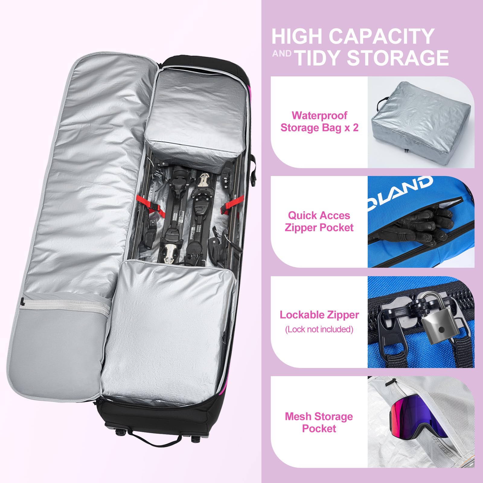 Odoland Rolling Ski Bag, Padded Snowboard Bags and Ski Boot Bag with Wheels for Air Travel, 900D Water Resistant Oxford Fabric, Fits Skis Up to 170cm, Purple