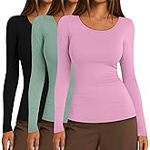 Riyiper 3 Pack Women's Long Sleeve Shirts Scoop Neck Tight Slim Fit Tops Casual Stretchy Basic Tee Layer Undershirts(Black, Pink, Lake Green,XX-Large)