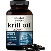NatureBell Antarctic Krill Oil 2000mg Supplement, 240 Softgels, 3X Strength Natural Source of Omega-3s, EPA 240mg + DHA 160mg + Astaxanthin 800mcg – No Fishy Aftertaste – Mercury Free & Non-GMO