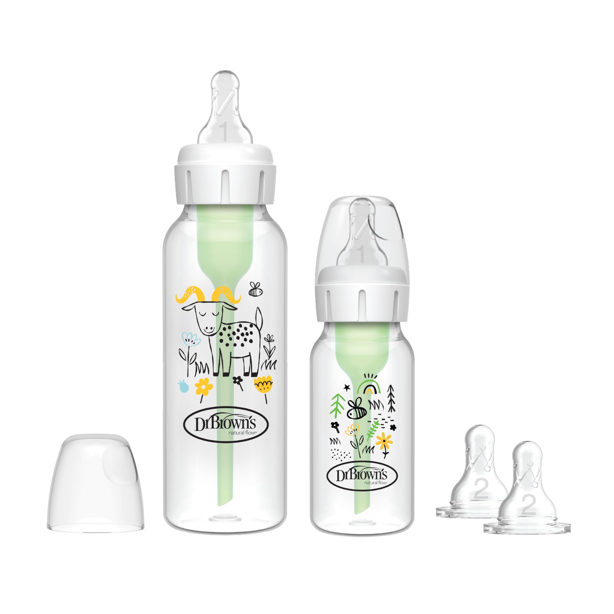 Dr Brown's Natural Flow Anti-Colic Options+ Narrow Baby Bottle, Sampler Kit, 1x 4oz/120ml Bottle & 1x 8oz/250ml Bottles with Level 1 Slow Flow Teat, Kit Also Includes 2X Level 2 Medium Flow Teats