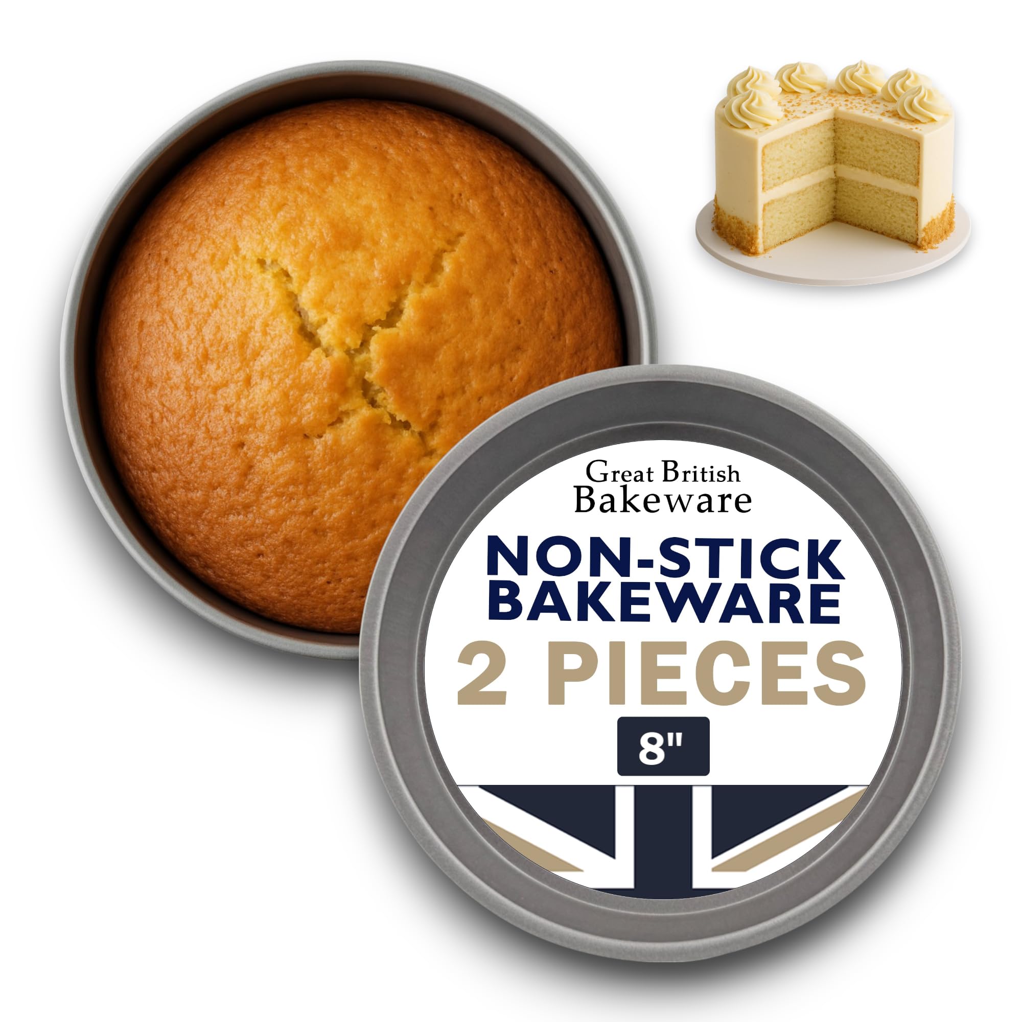 Great British Bakeware 2 Pack 8" Victoria Sandwich Cake Tin Straight Sided Superior Double Coated Non-Stick Cake Tin, Round Cake Tin, Fixed Base, PFOA & BPA Free Cookware, Made in England — image 1