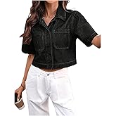 SHENHE Women's Short Sleeve Denim Jacket Button Up Cropped Jean Jacket with Pockets