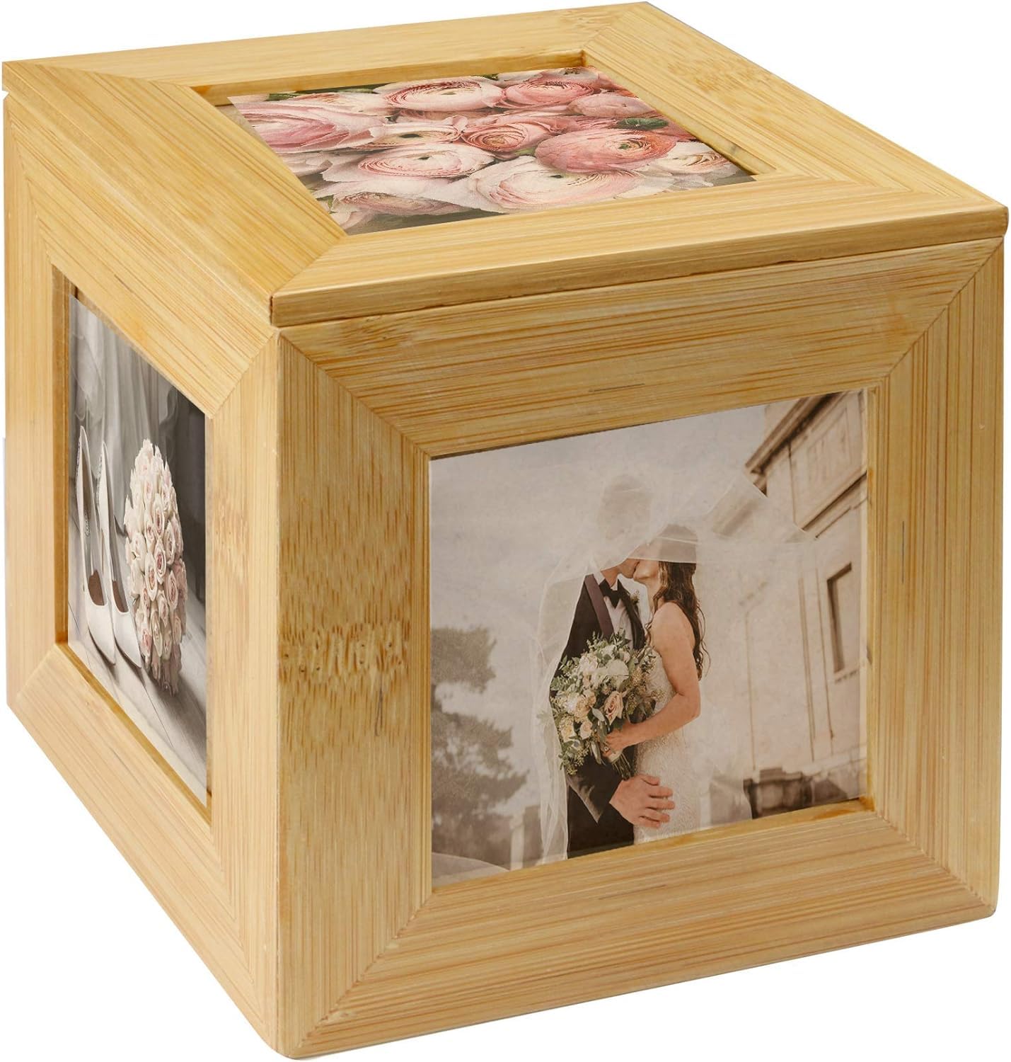 Maison & White Bamboo Photo Cube Keepsake Box – Wooden Memory Box with Display Photo Frame – Decorative Picture Frame Storage for Wedding, Anniversary & Home Decor | M&W