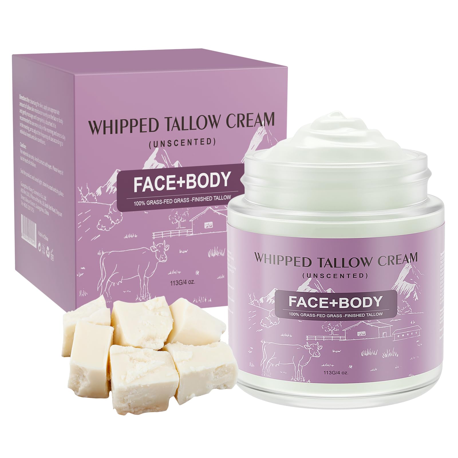 Beef Tallow Skin Care, 4 oz Tallow Face Cream, Natural Grass Fed Beef Tallow Balm, Beef Tallow Face Moisturizer for Cracked, Dry Skin, Tallow Balm for Skin Hydration (1Pc, Vanilla Lavender)