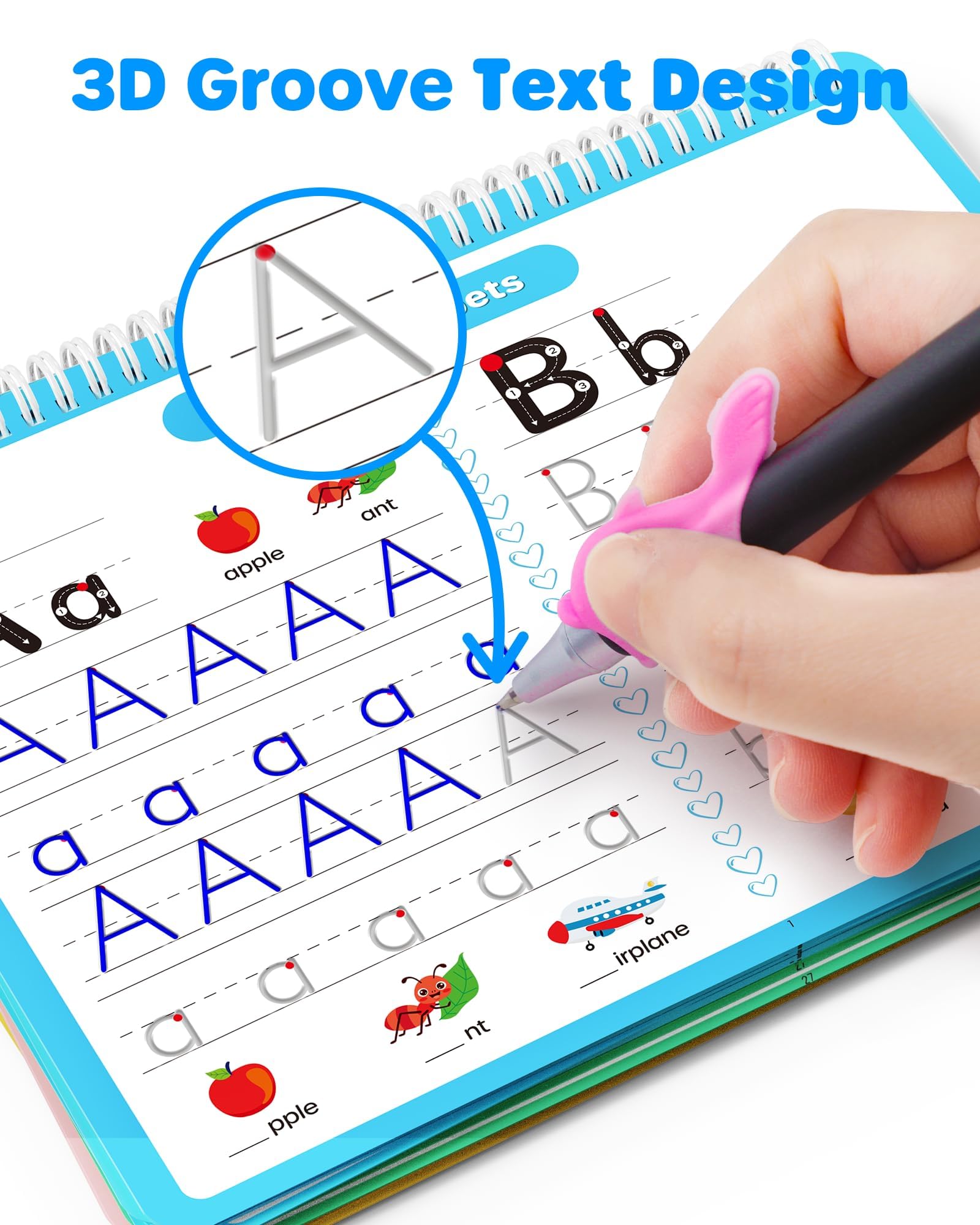 D-FantiX 4 in 1 Large Magic Grooved Writing Practice for Kids Age 3-5, Reusable Grooved Handwriting Practice for Kids 5-7, Learn to Write Number Letter Tracing Books for Kids Kindergarten Preschool