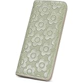 VIMUTI Ultra Slim Thin Wallet Women 3D Embossed Flower Leather Womens Wallet RFID Blocking Credit Card Holder Bifold Clutch Long Ladies Billfold Wallet for Women Green