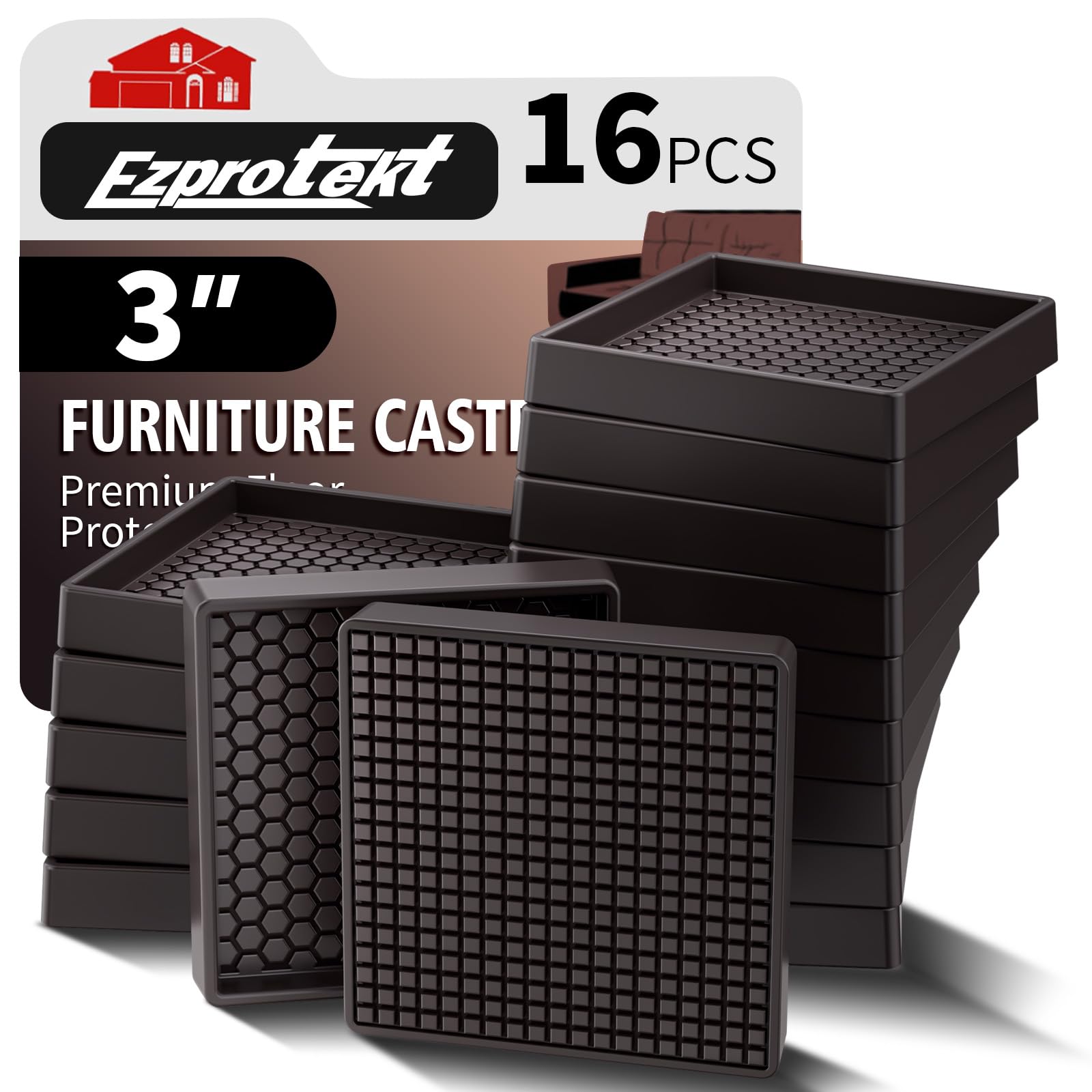 16 PCS Furniture Coasters - 3"x3" Non Slip Furniture Pads for Hardwoods Floors, Brown Square Rubber Non Skid Furniture Caster Cups, Anti Slide Furniture Feet Floor Protectors for Bed Couch Stoppers