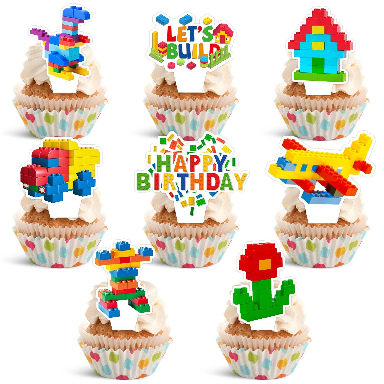 Photo 1 of 24-Piece Building Block Brick Themed Birthday Party Cupcake Toppers Decorations for Party Supplies