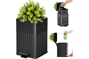 Tegneo Outdoor Dog Poop Trash Can Outside, Small Plant-Styled Bathroom Trash Can with Lid, Farmhouse Retro Metal Garbage Can for Office, Dog Waste Container with Pedal, Soft Close, 5L/1.3 Gal, Black