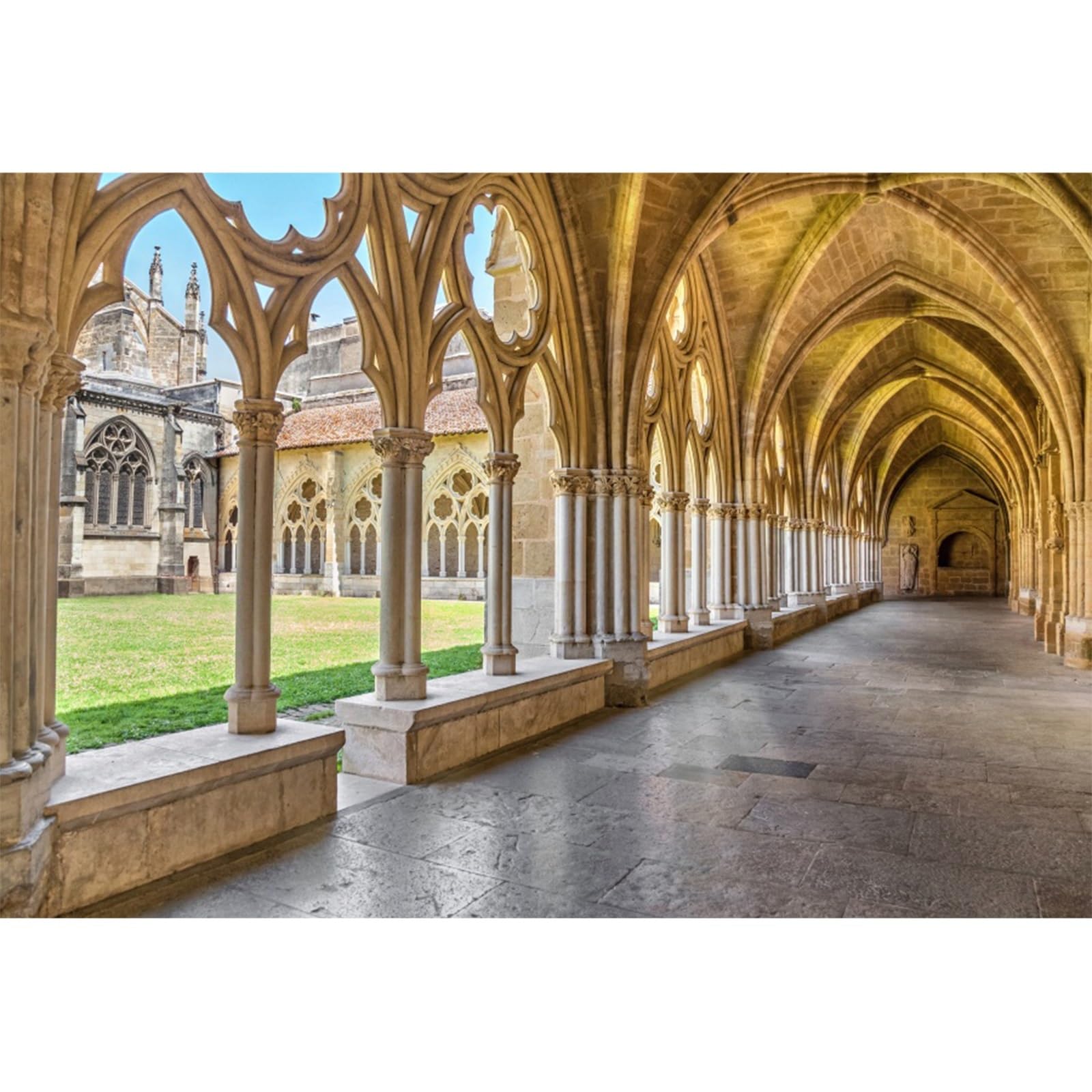 YongFoto 3x2m Photography Backdrop Church Ancient House Arch Door Pillar Long Corridor Grass Field Nature Photo Background Backdrops Photography Video Party Wedding Photo Studio Props