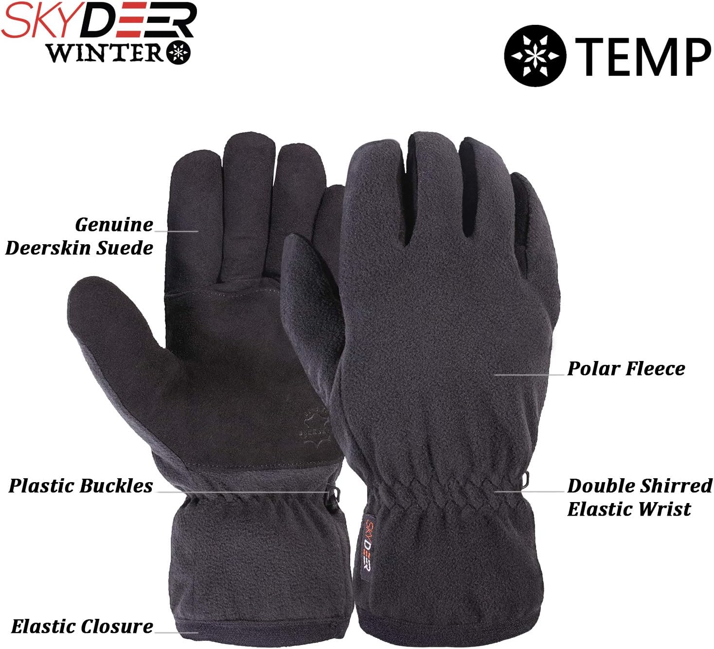 SKYDEER Winter Gloves with Premium Genuine Deerskin Suede Leather and Windproof Polar Fleece (SD8661T/L): Home Improvement