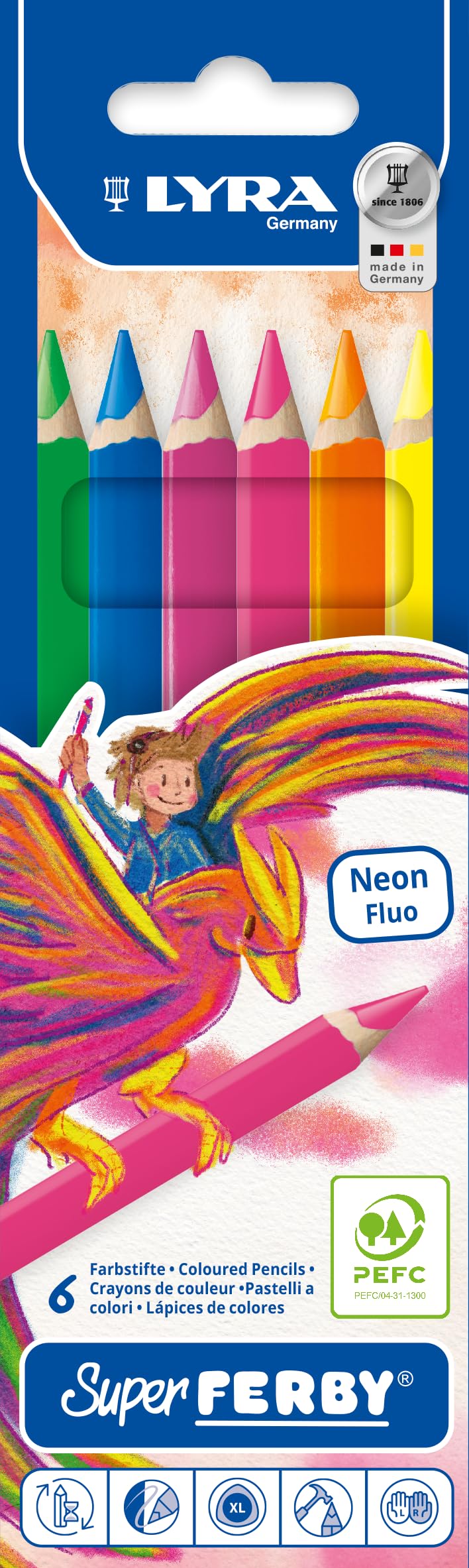 LYRA Super Ferby Neon Wooden Chunky Colouring Pencils, 6 Assorted Colours, For Children and Schools