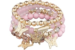 COLORFUL BLING 4Pcs Set Bohemian Butterfly Crystal Stone Stretch Pendant Bracelets for Women Gold Beaded Stackable Stretch Bracelet Colorful Charm Jewelry Boho Summer Beach