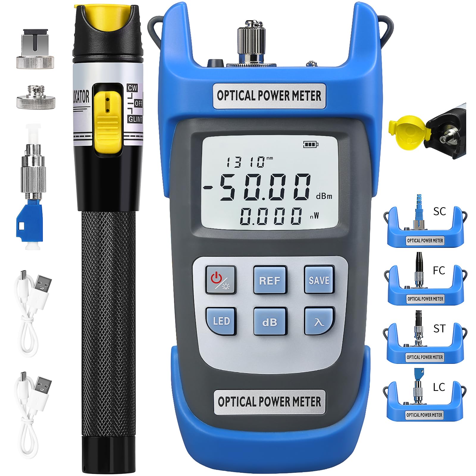Photo 1 of 2-Piece Rechargeable high-Precision Optical Power Meter A-C510A (-50~+26dBm) Fiber Tester & Fiber Optic Test Pen 15,Suitable for SC/FC/ST/LC Interface, with 1 FC-LC Adapter