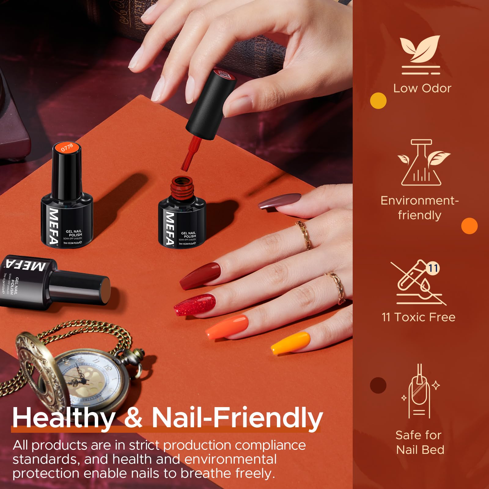 MEFA Gel Nail Polish Set, 12 Color Red Brown Gold Glitter Nail Polish Kit Soak Off Pumpkin Bronze Nail Art Decorations DIY Home Salon Design Manicure Gifts for Women Girls - Image 6