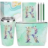 Personalized Gifts Monogrammed Birthday Gifts for Women, New Mom, Grandma Thank You Christmas, Initial 20 oz Tumbler, Makeup Cosmetic Bag Cup Pens Journal Notebook 6 Set, (Aesthetic Green Flower R)