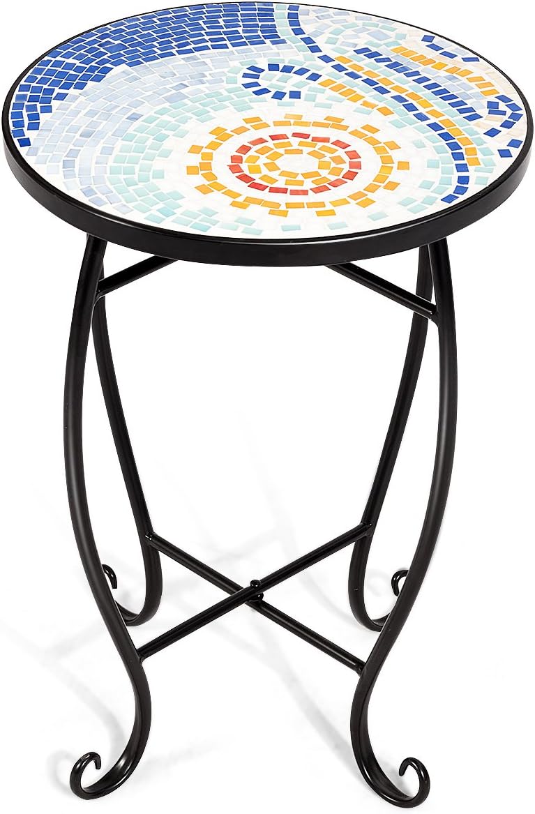 Giantex Mosaic Round Side Accent Table Patio Plant Stand Porch Beach Theme Balcony Back Deck Pool Decor Metal Cobalt Glass Top Indoor Outdoor Coffee End Table(Navy): Garden & Outdoor