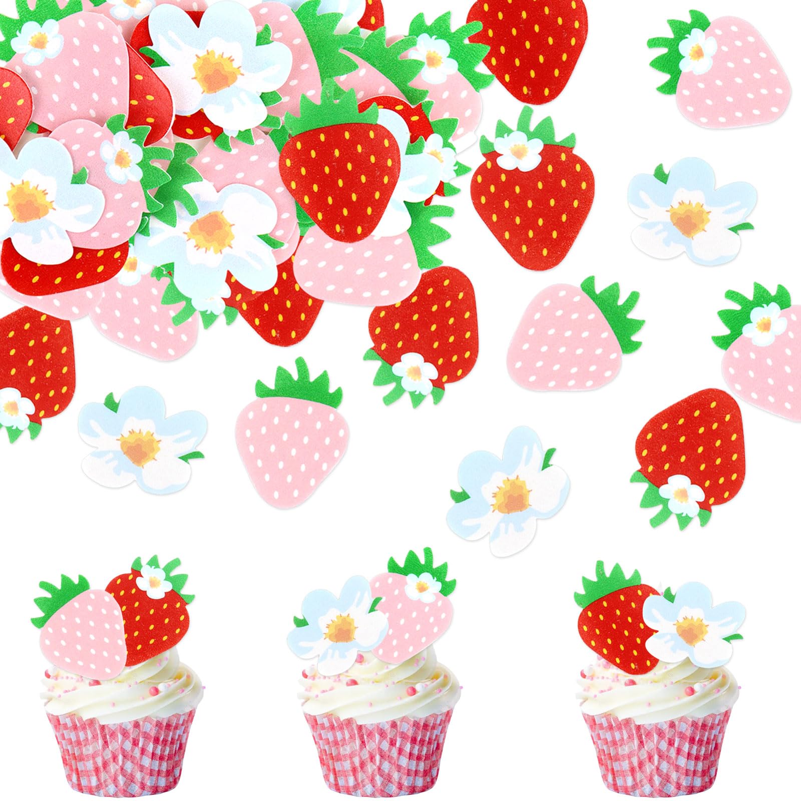 Photo 1 of 40 Pack Edible Strawberry Cupcake Toppers Starwberry Flower Bridal Engagement Baby Shower Birthday Party Drink Toppers Anniversary Party Decorations Supplies Pink (strawberry)