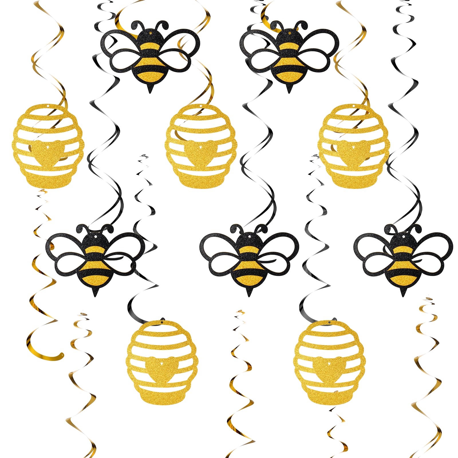 Photo 1 of 30Pcs Honey Bumble Bee Hanging Swirl Decorations Happy Bee Day Bumble Bee Decor Bee Birthday Decorations Bee Theme Party Foil Swirls Ceiling Decorations Glitter Bee Decorations for Party