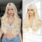 Lovenia- 26" Long Blonde Wig with Bangs for Women Long 613 Blonde Wave Wig with Dark Roots Synthetic Curly Hairs Platinum Blonde Wigs Natural Looking Hair Fancy Dress Cosplay Wigs 26 Inches