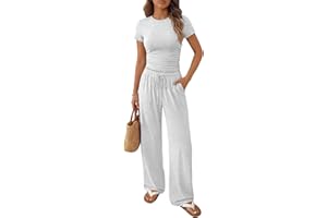 ANRABESS Women's 2 Piece Summer Matching Lounge Sets Wide Leg Pants Ruched Crop Tops Sweatsuits Sets Spring Travel Clothes